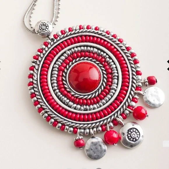 Chicos Cherry Red/Silver Toned Rebecca  Pendant Necklace Exclusively For Chicos - Picture 3 of 12